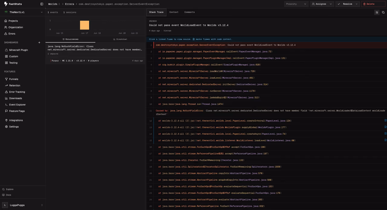FastStats error tracking dashboard showing stack traces, source code context, and team notes